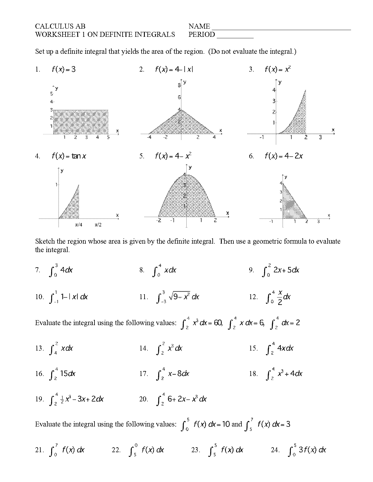 solving definite integral with geometry worksheet